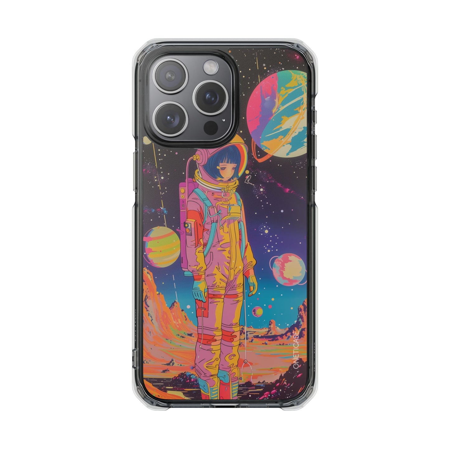 Retro Girl Astronaut Anime on Planet X Magnetic Clear Case for iPhone Series