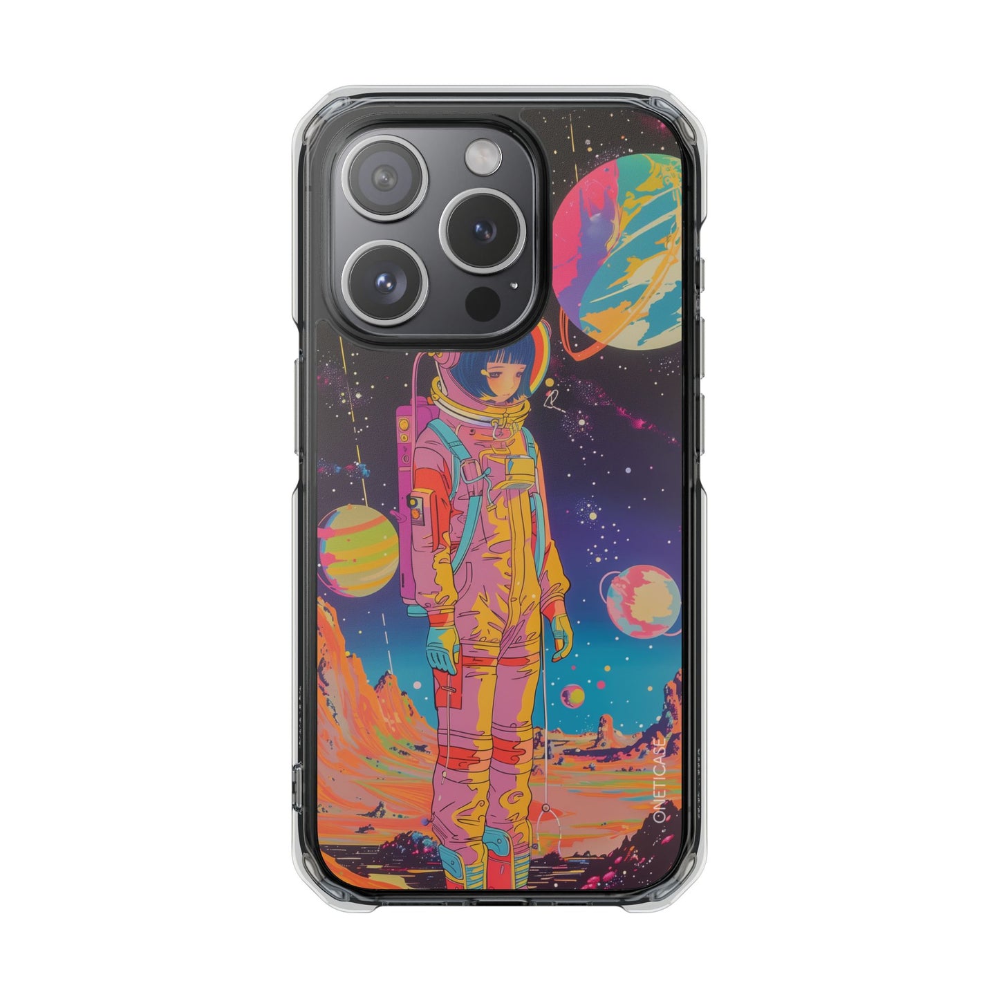 Retro Girl Astronaut Anime on Planet X Magnetic Clear Case for iPhone Series