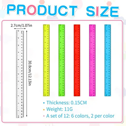 Vibrant Translucent 12-Inch Plastic Rulers - 288 Units