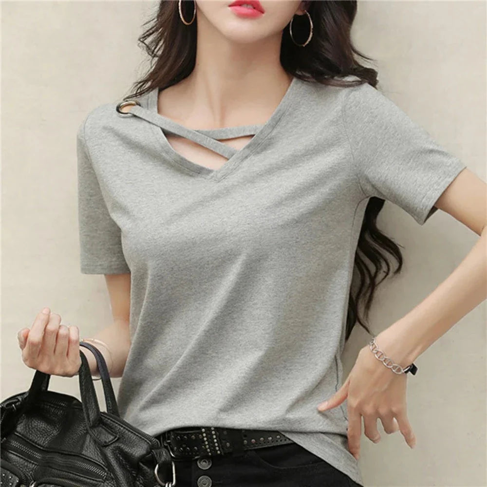 Womens Korean Fashion V Neck Summer Top