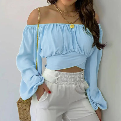 Womens Summer Off Shoulder Bell Sleeve Top