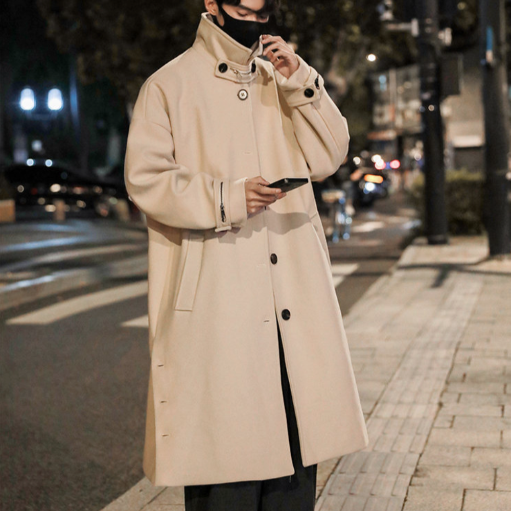 Mens Long Trench Coat With Button Slit Details