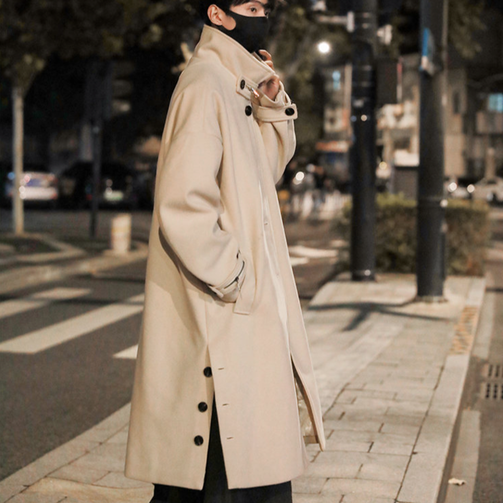 Mens Long Trench Coat With Button Slit Details