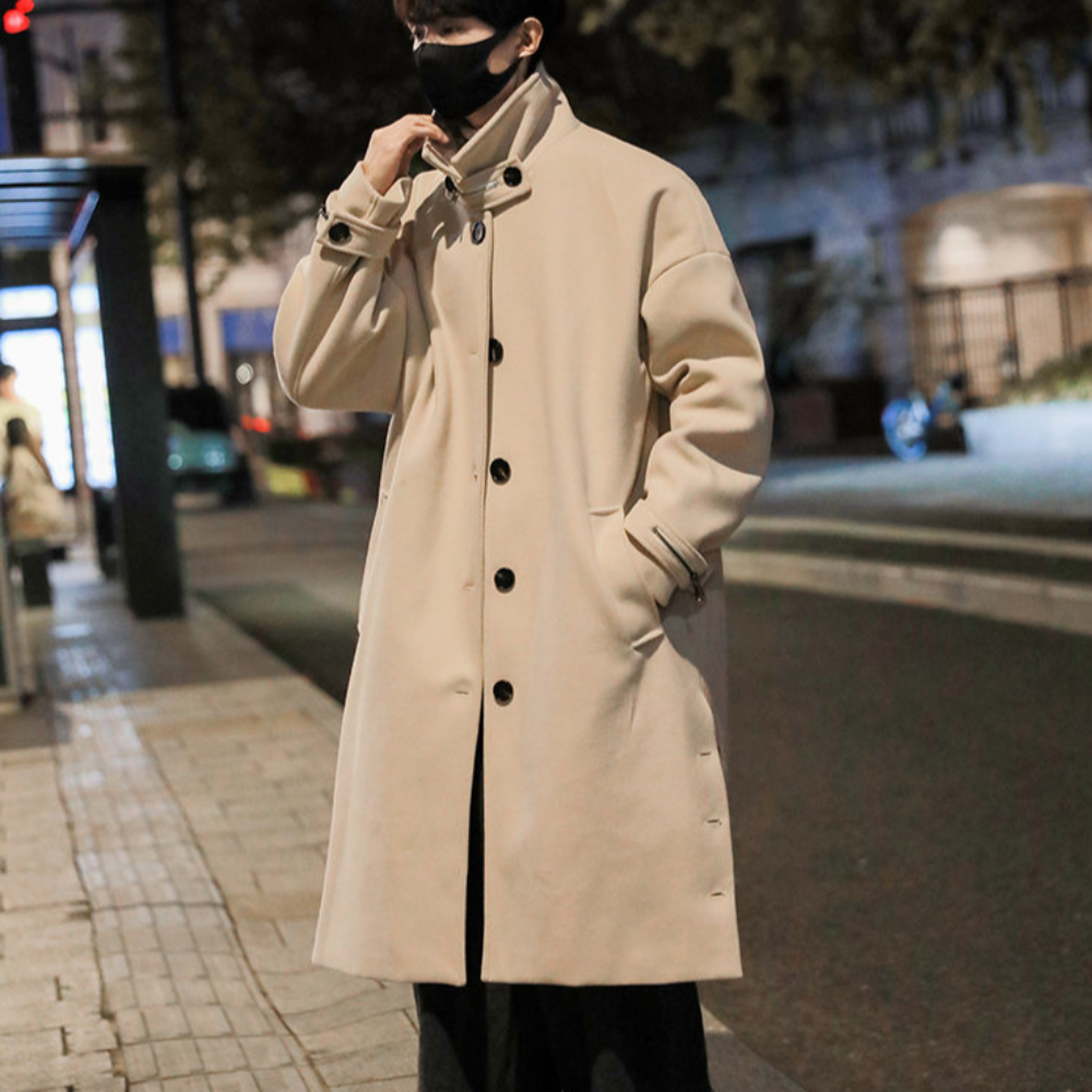 Mens Long Trench Coat With Button Slit Details