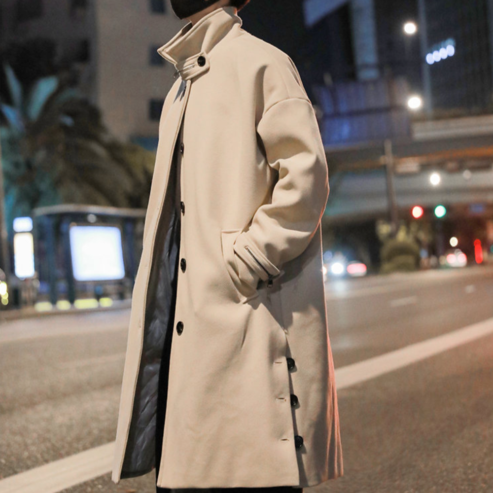 Mens Long Trench Coat With Button Slit Details