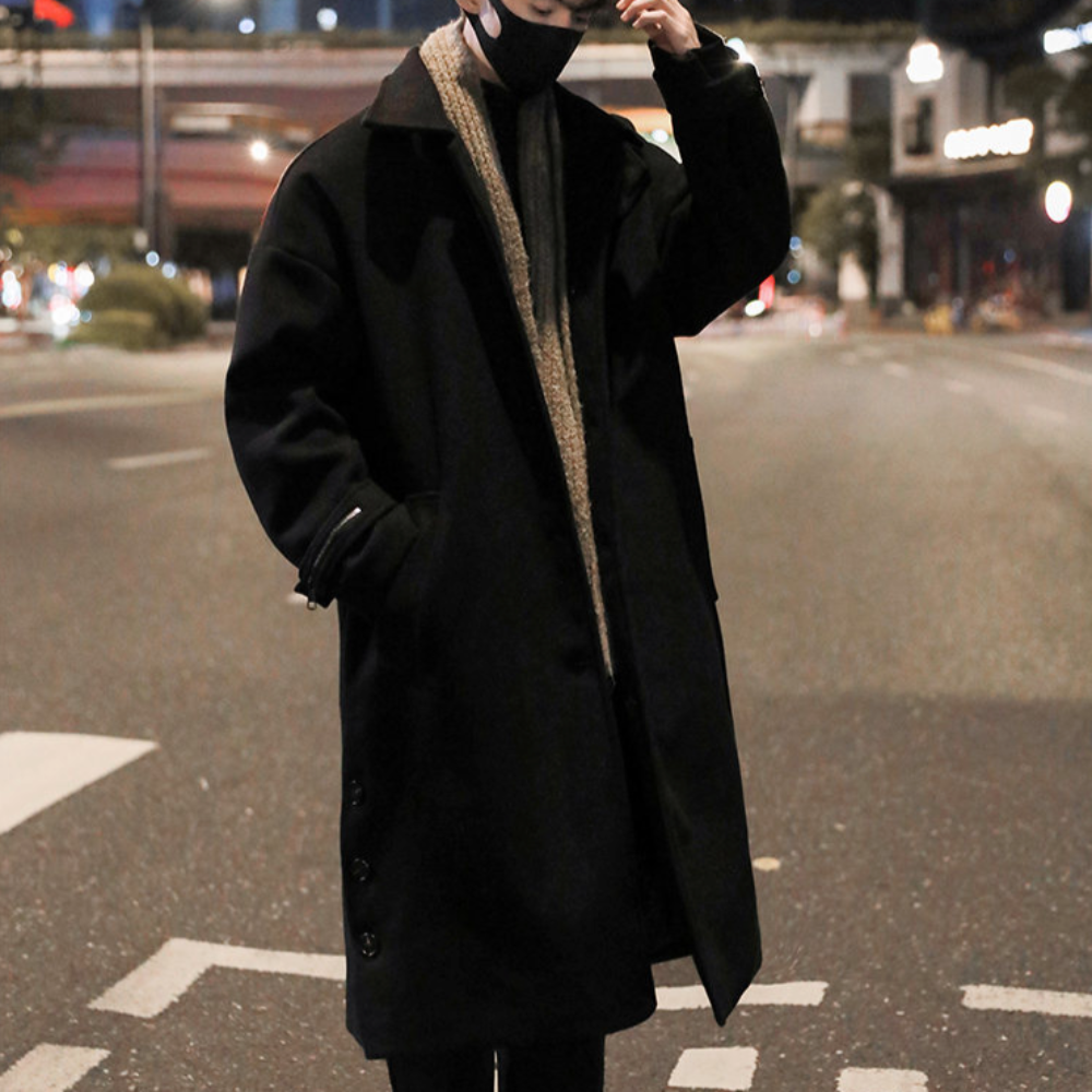 Mens Long Trench Coat With Button Slit Details