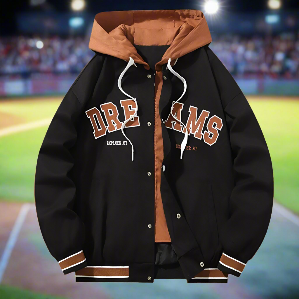 Mens Layered Look Baseball Jacket With Hood