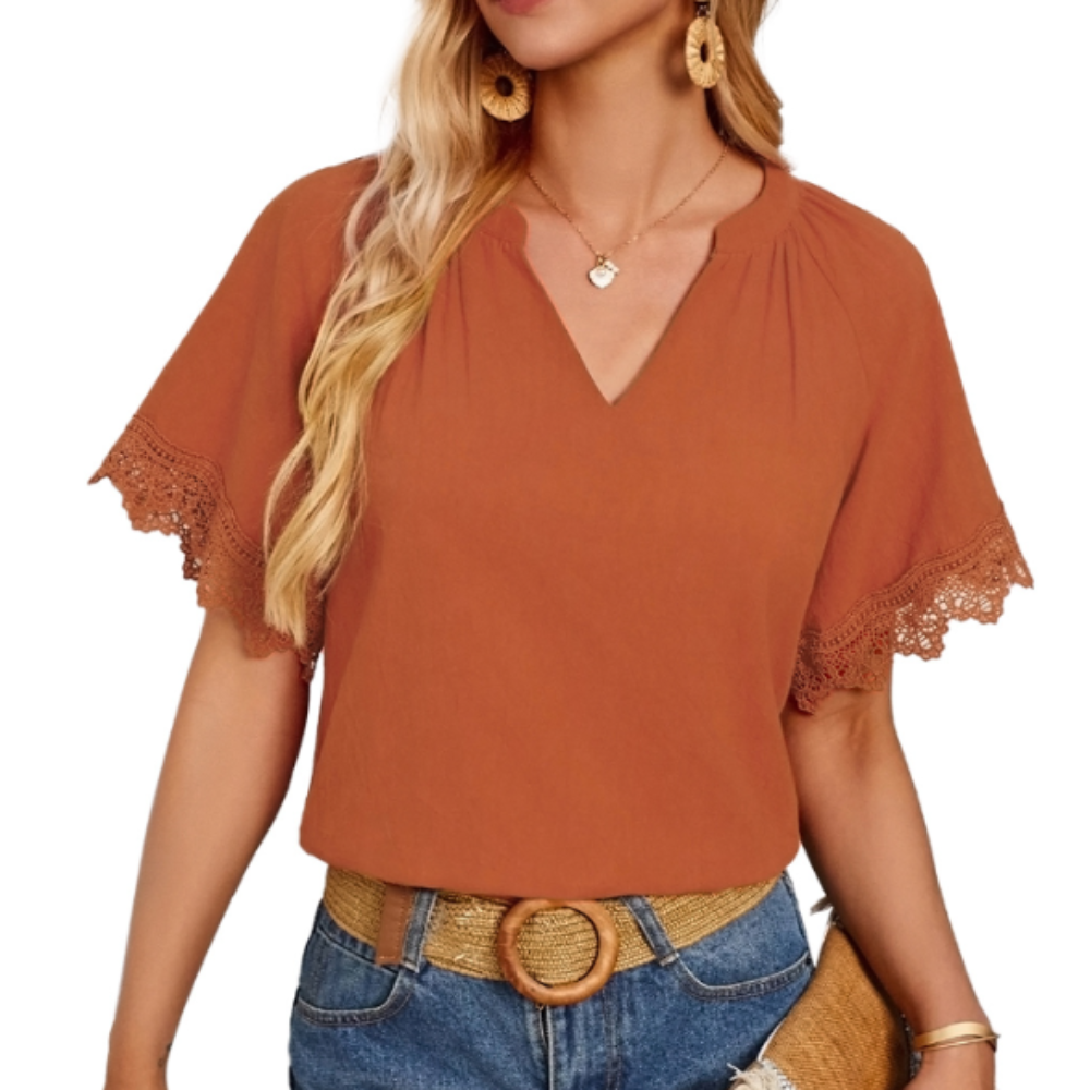 Womens V Neck Short Sleeve Top with Lace Details