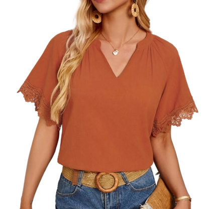 Womens V Neck Short Sleeve Top with Lace Details