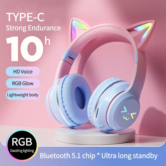 Cat Ears RGB Foldable Bluetooth Headphones