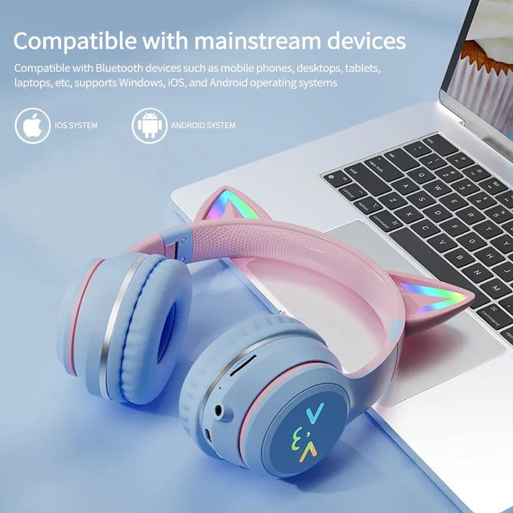 Cat Ears RGB Foldable Bluetooth Headphones