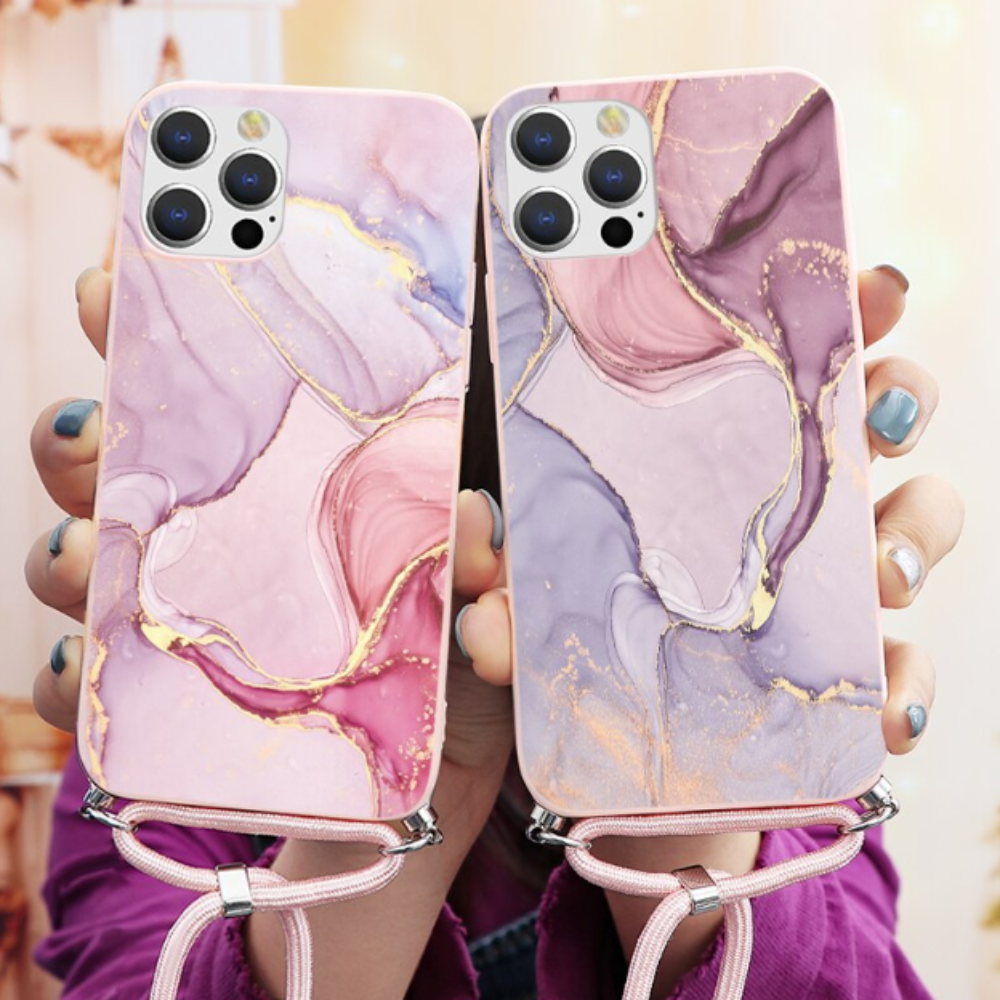 Marble Painting Phone Case With Crossbody Strap For iPhone