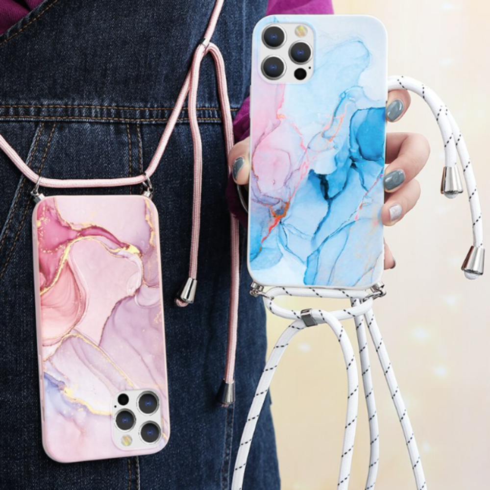 Marble Painting Phone Case With Crossbody Strap For iPhone