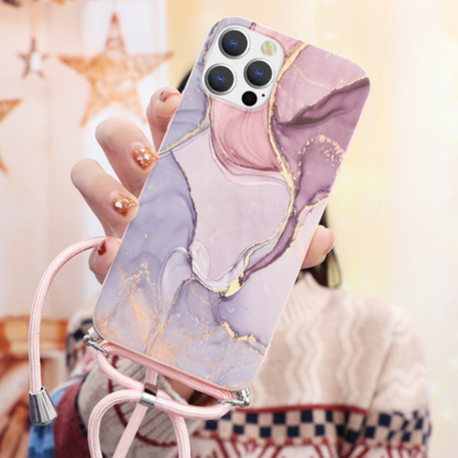 Marble Painting Phone Case With Crossbody Strap For iPhone