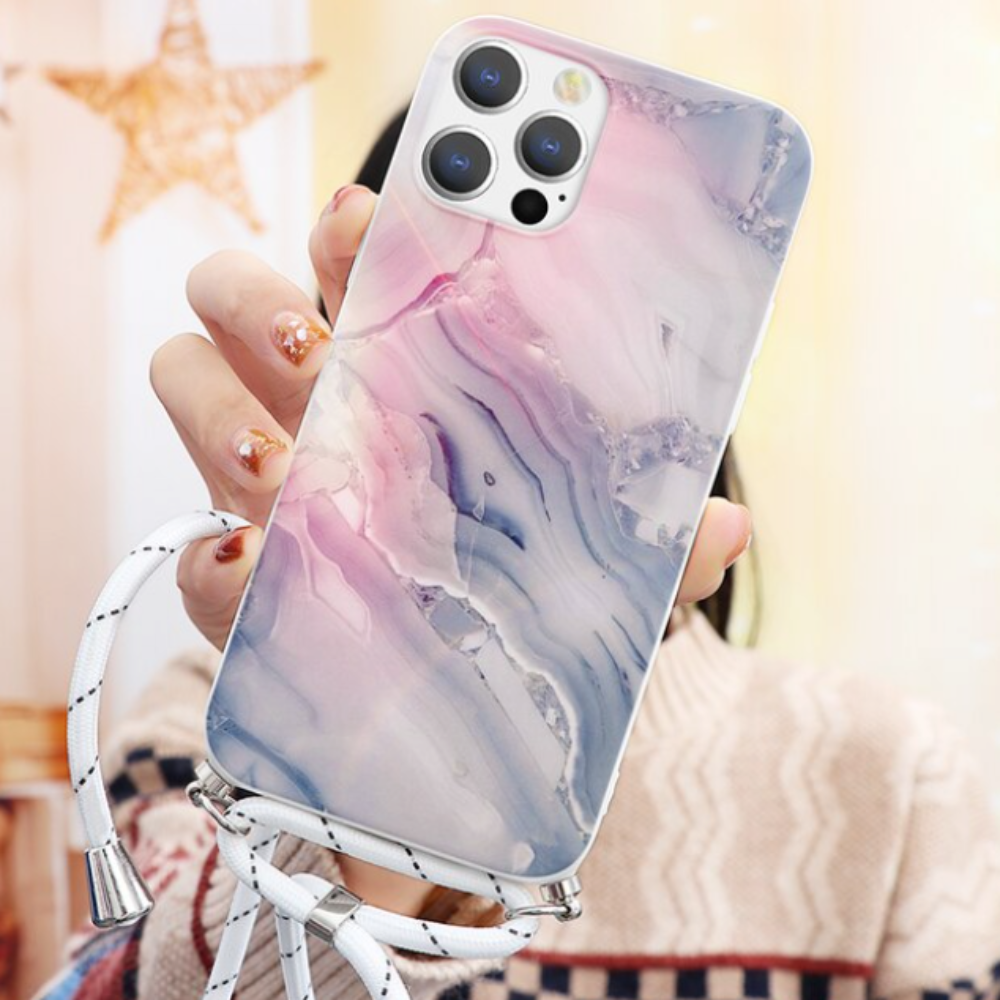 Marble Painting Phone Case With Crossbody Strap For iPhone