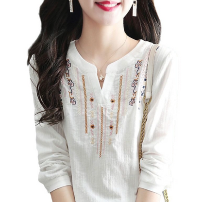 Womens V Neck Embroidery Quarter Sleeve Top