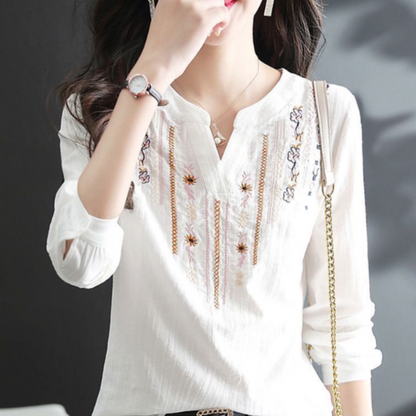 Womens V Neck Embroidery Quarter Sleeve Top