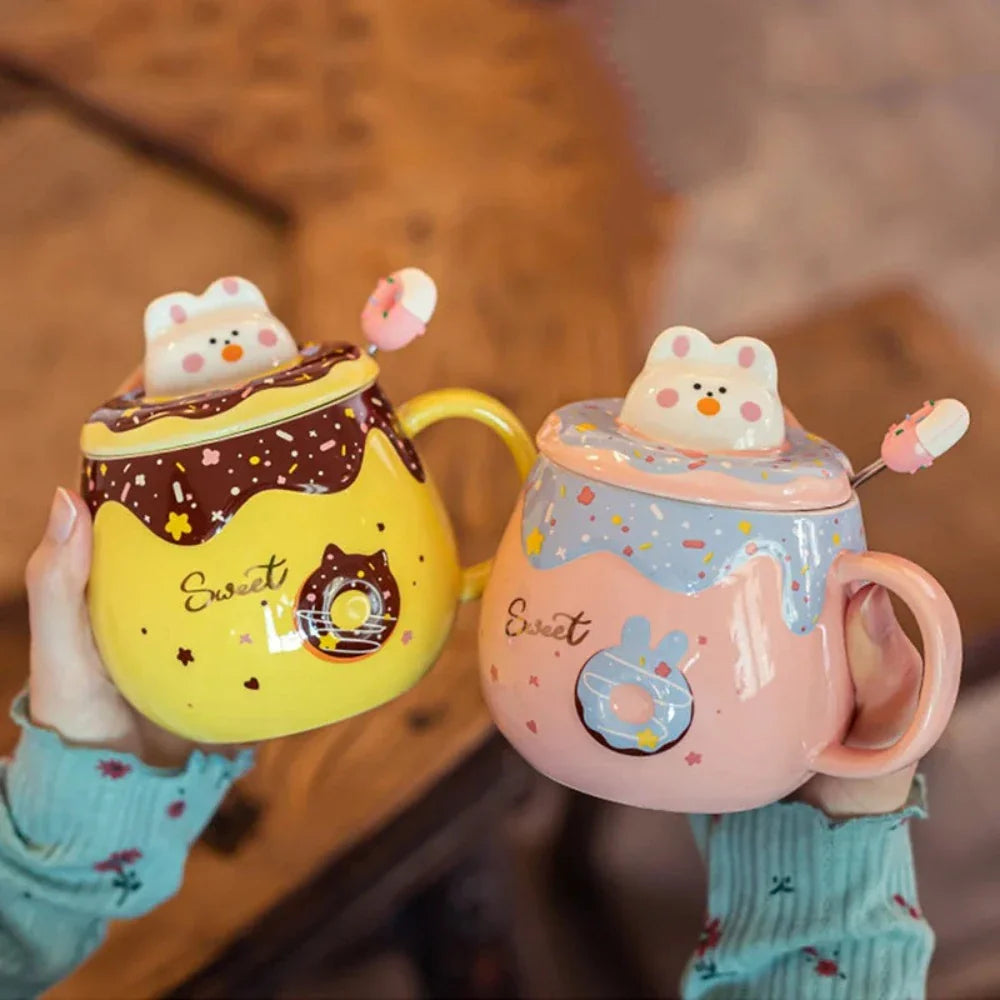 Cartoon Donut Kitten Theme Mug with Lid