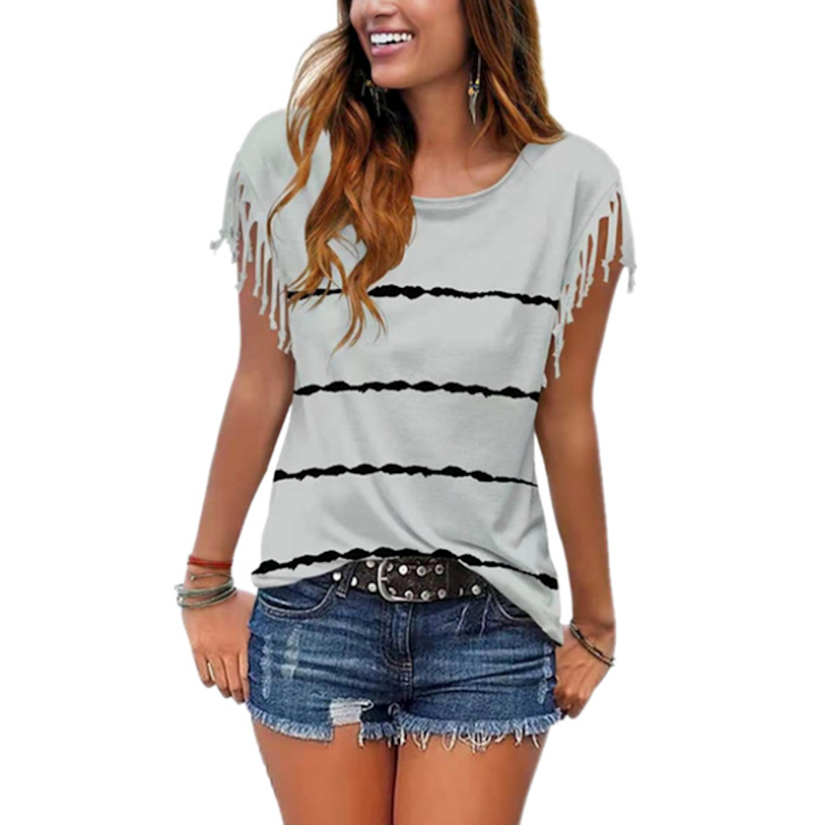 Womens Striped T-Shirt with Fringe