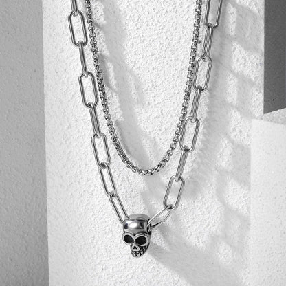 Layered Look Choker Chain Necklace With Skull