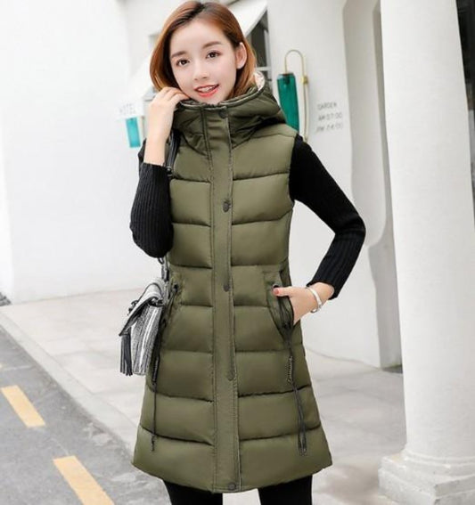 Womens Army Green High Collar Hooded Puffer Winter Vest