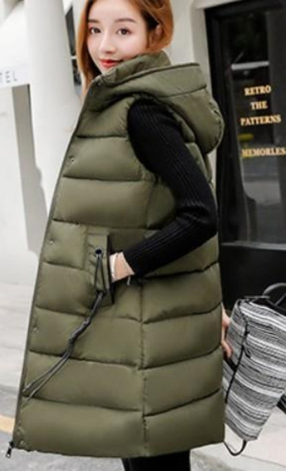 Womens Army Green High Collar Hooded Puffer Winter Vest