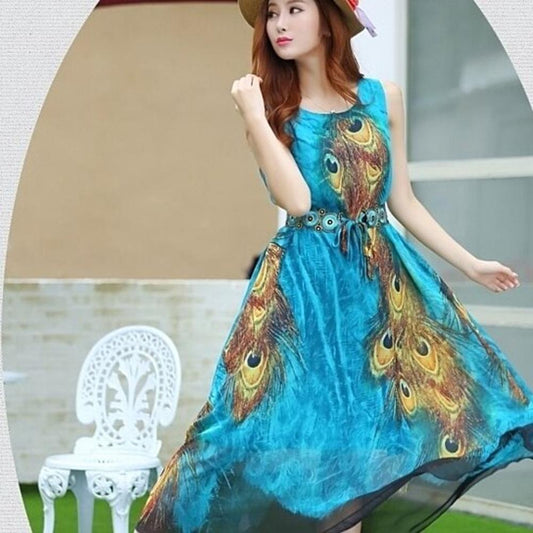 One Piece Long Peacock Sleeveless Dress