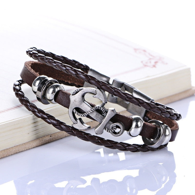 Multi Layer Vegan Leather Bracelet With Anchor