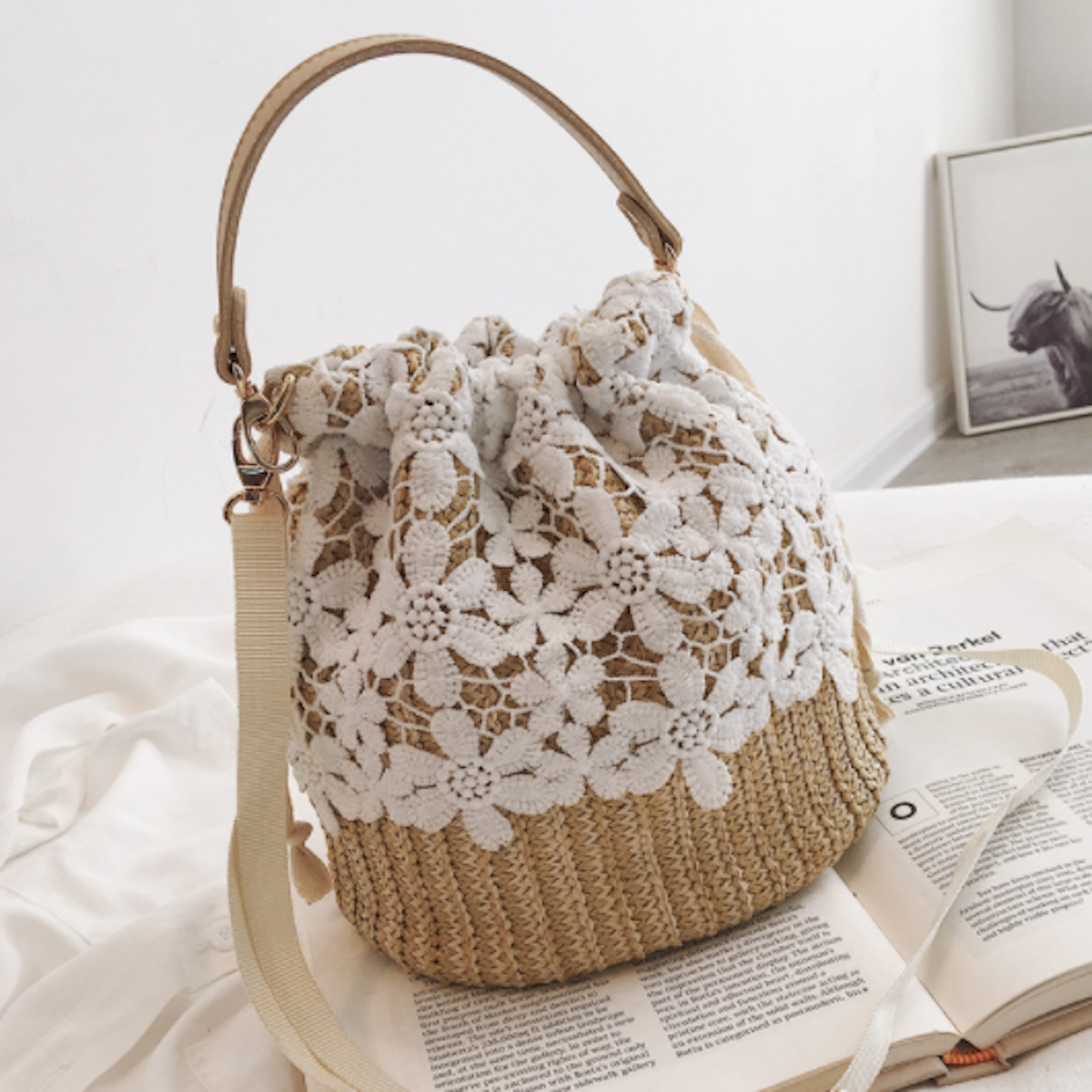 Summer Crossbody Straw Bucket with Lace – Onetify