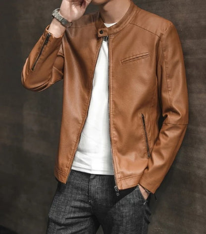 Mens Round Neck Zipped Up Vegan Leather Biker Jacket