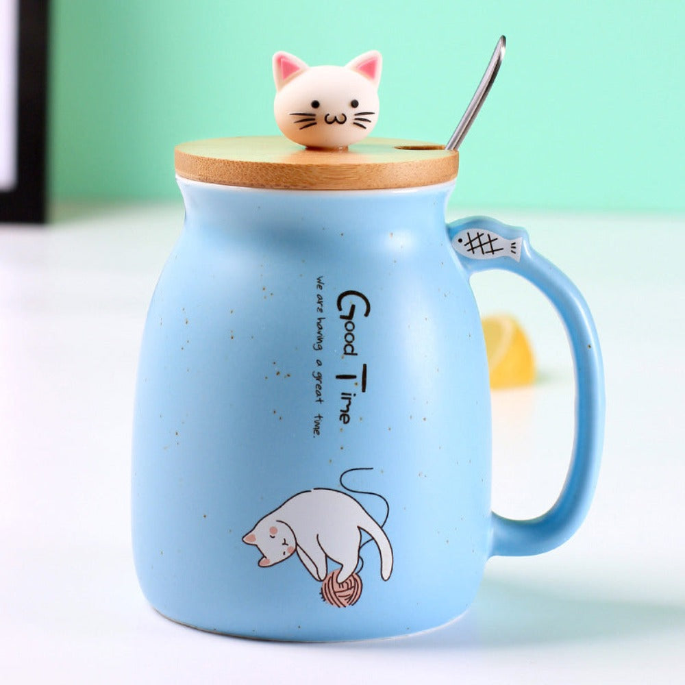 1pc Ceramic Cat Cartoon Coffee Mug With Lid And Saucer, Lovely Breakfast Milk  Cup For Kids