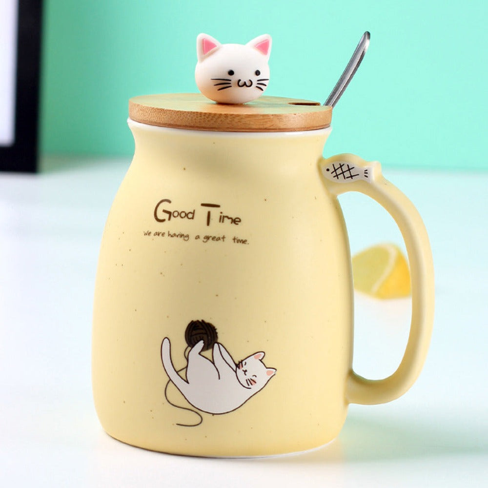 Cute Cartoon Kitten Coffee Mug With Lid Ceramic Coffee Cup - Temu