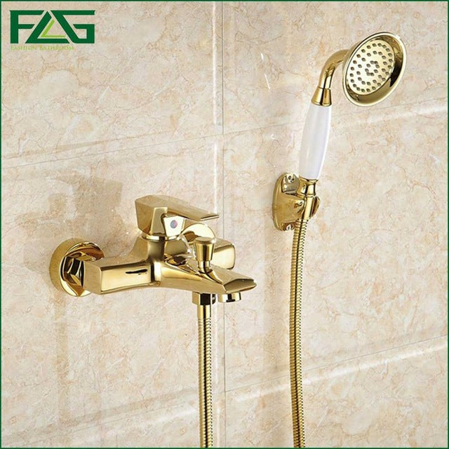 Wall Mounted Antique Brass Gold Plated Bathtub Faucet with Shower Handle