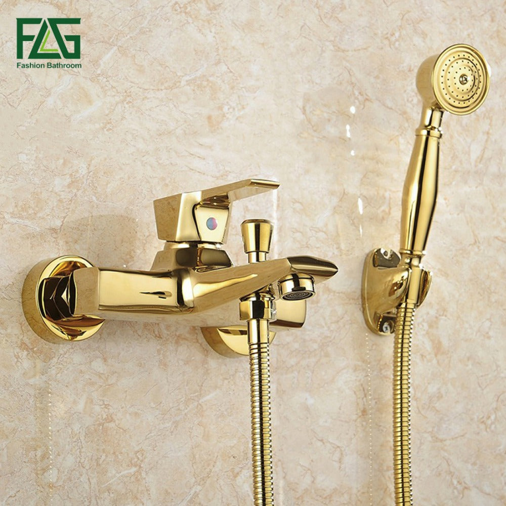 Wall Mounted Antique Brass Gold Plated Bathtub Faucet with Shower Handle