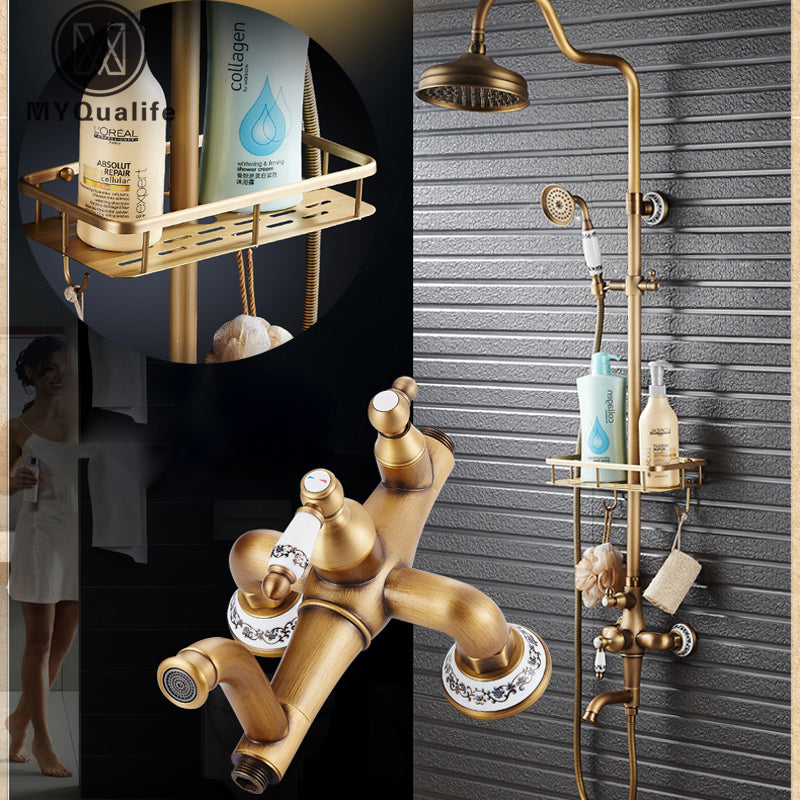 Single Handle Antique Brass Bronze Design Shower Faucet Set with Storage Holder