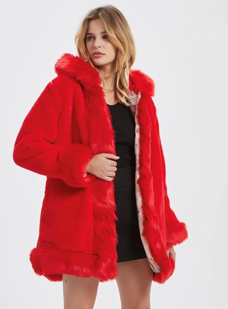 Womens Hooded Faux Fur Collar Coat Onetify